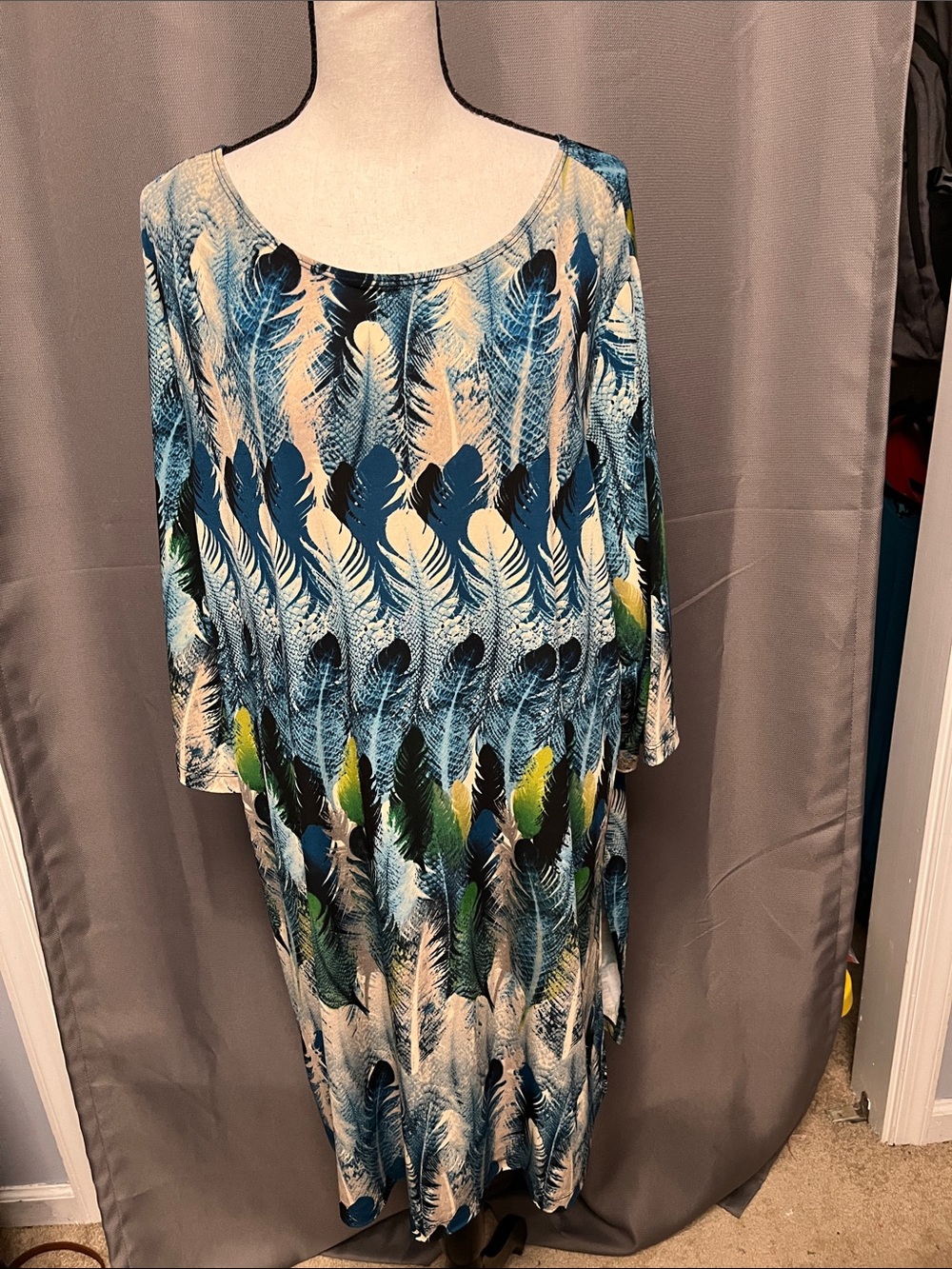 Attitudes by Renee Blue Feather-Print Maxi Dress with Green Accents